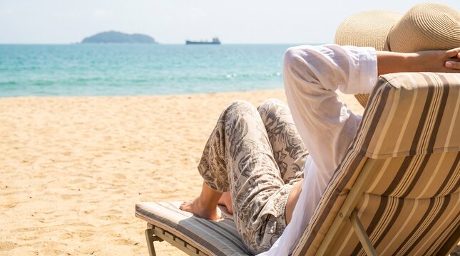 Woman relaxing and sunbathing on a comfortable beach chair, golden sandy shore, sunny tropical vacation atmosphere