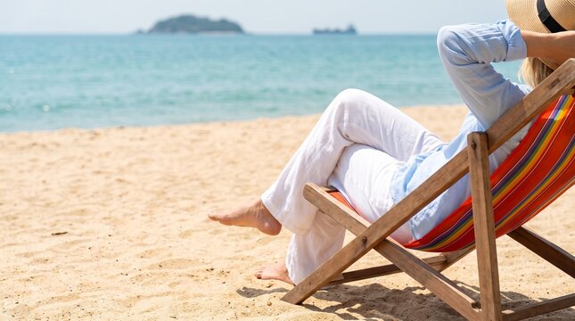 Woman relaxing and sunbathing on a comfortable beach chair, golden sandy shore, sunny tropical vacation atmosphere