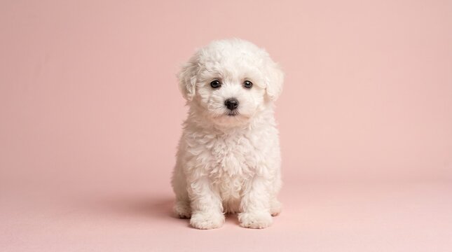 fluffy white bichon frise puppy sitting and  on a pink background