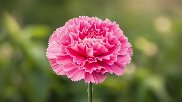 Cinematic single object macro carnation flower blossom with soft green background pink flora bud emerge in nature garden light focus on delicate ruffled petal detail and gentle romantic mood