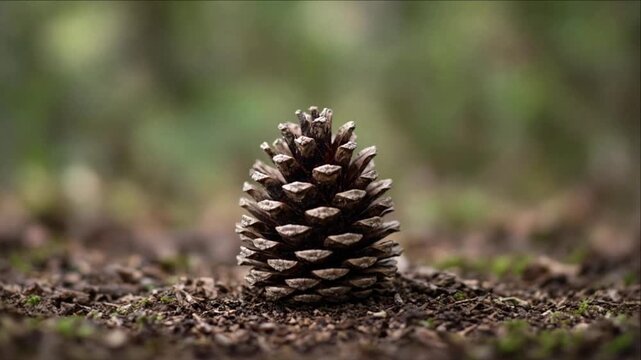 Cinematic single object macro pine cone forest floor with soft bokeh background and earthy texture evoking calm nature mood and quiet woodland atmosphere peaceful woodland nature scene macro pine