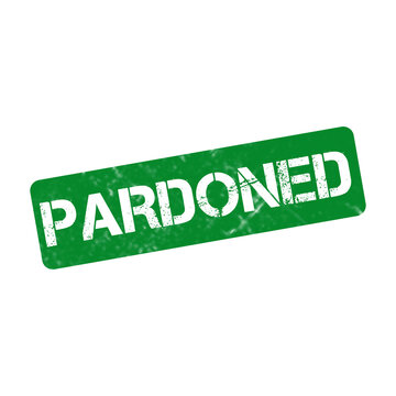 Pardoned green rubber stamp, distressed grunge ink stamp on white background, legal forgiveness and amnesty concept