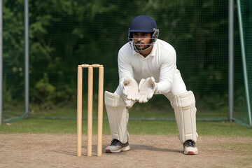 Obraz premium Wicketkeeper Crouching Behind Stumps