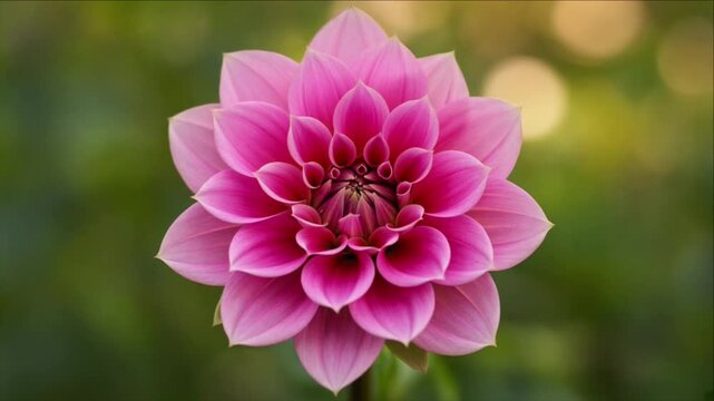 Cinematic pink dahlia flower single object macro background with soft petal detail and gentle bokeh garden atmosphere creating dreamy calm mood and natural beauty focus