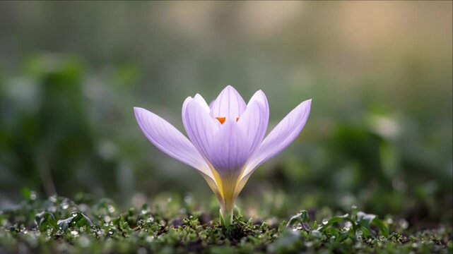 Cinematic single object macro background crocus flower bloom with delicate petal detail and dew droplet bokeh on moss, tranquil early spring nature garden scene in soft pastel sunrise light