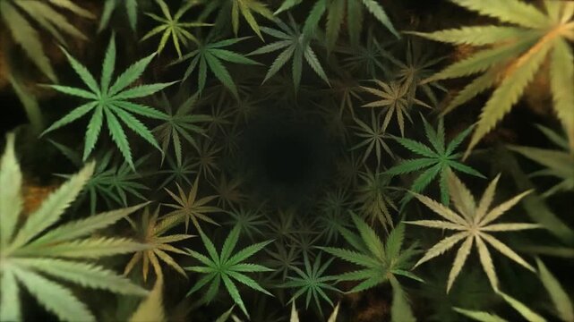 Cannabis leaves pattern with copy space in dark background during night with subtle glow