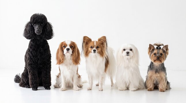 Group of five different small and medium dog breeds sitting in a row together