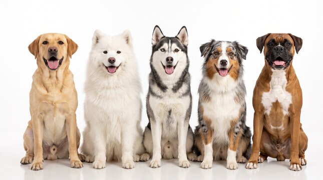Group of different dogs sitting together in a row 