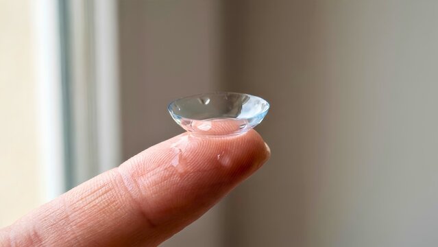 Clear soft contact lens resting on a human finger tip