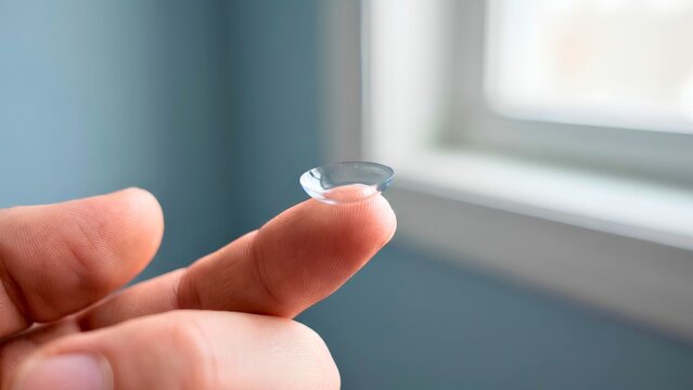 Clear contact lens balanced on a person's fingertip for vision correction