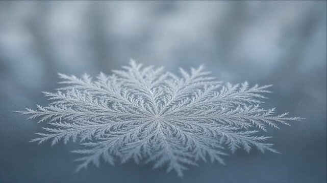 Cinematic macro single object snowflake frosty glass background with delicate ice crystal pattern soft blue background winter nature detail cold abstract frozen texture calm minimal scene quiet