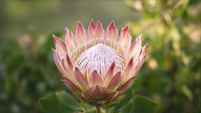 Cinematic single object macro background protea flower bloom nature outdoor soft morning light detail focus green bokeh garden dreamy blurred background creating gentle calm mood and poetic natural