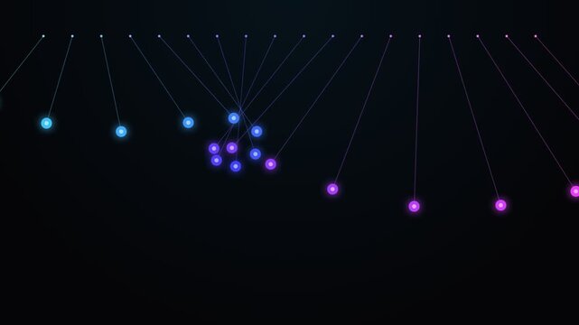 Pendulum Wave Of Glowing Bobs Swinging In Phase On Dark Background
