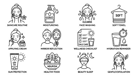 Fototapeta premium Skincare Routine Icons Set: Applying Cream, Sun Protection, Hydration, Beauty