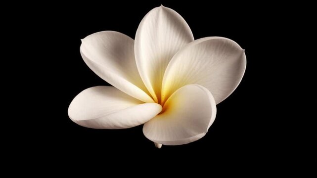 Cinematic macro single object white frangipani flower on black background petal detail soft texture gentle glow minimal elegant focus calm nature blossom art concept