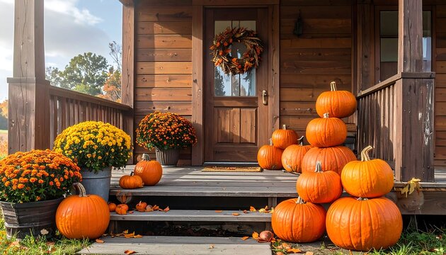 Spooky Halloween Decoration On A Rustic Wooden House Porch