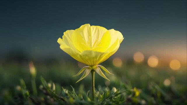 Cinematic macro closeup yellow flower blossom with delicate petal stamen pistil and stem focus single plant object in meadow twilight nature scene with dreamy bokeh serenity and growth