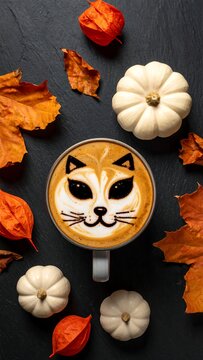 Halloween Coffee Mug With Cute Cat Face Latte Art On Rustic Table