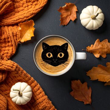 Halloween Coffee Mug With Cute Cat Face Latte Art On Rustic Table