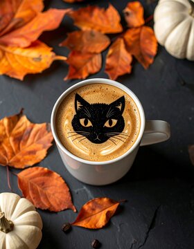 Halloween Coffee Mug With Cute Cat Face Latte Art On Rustic Table