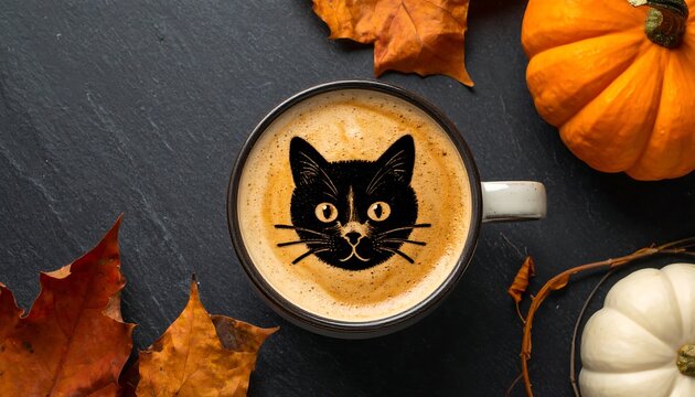 Halloween Coffee Mug With Cute Cat Face Latte Art On Rustic Table