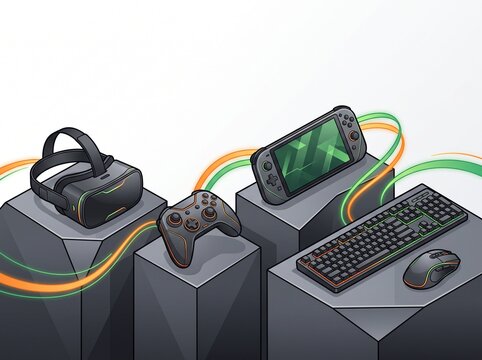 Modern Gaming Gear Collection Featuring VR Headset Handheld Console Controller Keyboard and Mouse
