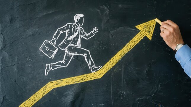 A determined businessman with a briefcase enthusiastically ascends a vibrant yellow arrow symbolizing financial advancement and upward career trajectory depicted on a textured blackboard