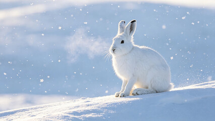 Naklejka premium Rabbit Resting in Fresh Snow, Adorable Fluffy White Bunny in a Peaceful Winter Landscape, Cute Wild Mammal Surrounded by Snowy Nature