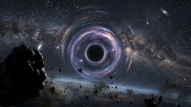 Black hole wormhole tunnel in deep space galaxy with cosmic swirl gravity spiral nebula starfield and star filled universe cosmos portal