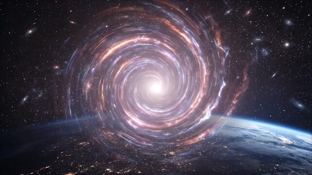 Galaxy wormhole tunnel spiral space star universe cosmos night earth swirling vortex over blue planet horizon deep space glowing spiral light cosmic mystery sci fi fantasy awe