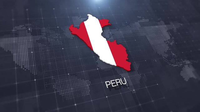 Peru map with national flag on digital world map background, geographic border, global political and international news concept