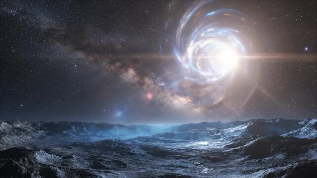 Space galaxy wormhole tunnel star night sky planet landscape cosmic swirl above alien ice and rocky desert terrain, mysterious deep space portal and swirling tunnel over surreal starry galaxy night