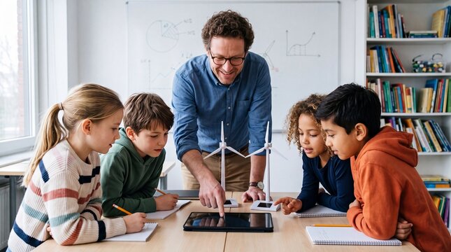 Elementary School Classroom: Enthusiastic Teacher Holding Tablet Computer Explains Lesson to Brilliant Young Children. Kids Learning Programming Languages, Internet Safety and Software Design