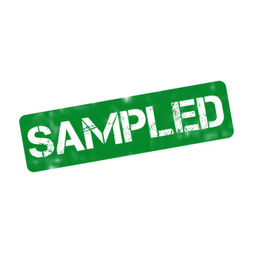 Green sampled rubber stamp on white background, distressed grunge stamp effect, isolated rectangular certification mark