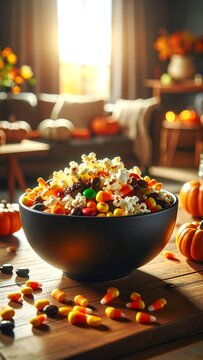 Crisp Salted Popcorn In A Dark Ceramic Bowl On Wooden Table