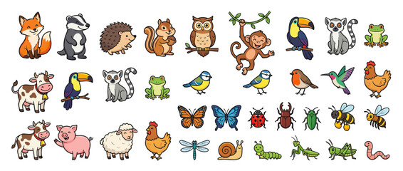 Obraz premium Cute Cartoon Woodland and Farm Animals Collection