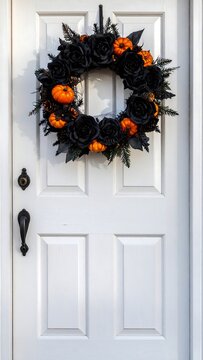 Spooky Black Rose Wreath Hanging On A Front Door For Halloween