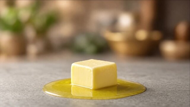 Cinematic macro yellow butter cube food object stone background melting slowly into golden dairy fat puddle with warm rustic kitchen bokeh soft light texture detail ingredient focus cozy cooking mood