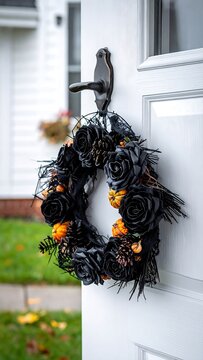 Spooky Black Rose Wreath Hanging On A Front Door For Halloween