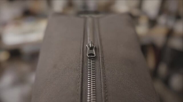 Cinematic single object macro background zipper metal closeup focus detail brown fabric bag with shallow depth of field soft blur texture minimal style neutral tone industrial mood workshop ambience