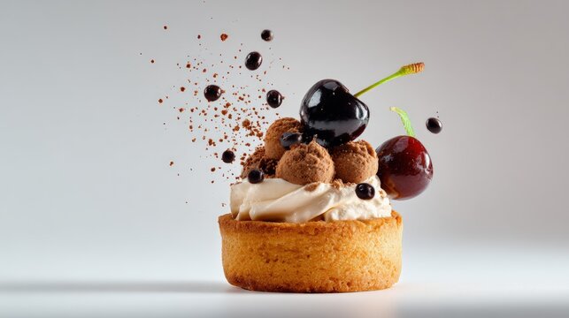 Gourmet tartlet dessert with cherries and chocolate splash