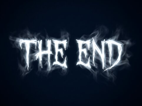 Text 'The End' rendered in white smoky typography glows against a dark blue background.