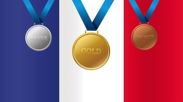 Gold Silver and Bronze Medals Dropping Over Waving France Flag