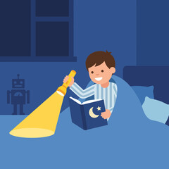 Boy Reading a Bedtime Story with a Flashlight