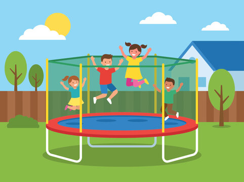 Kids Jumping on a Backyard Trampoline