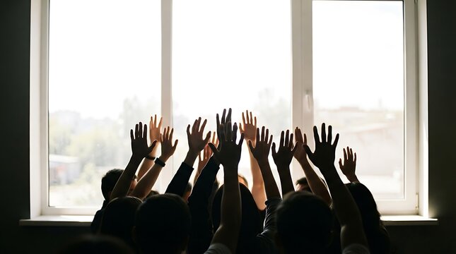 Group of People Watching TV Together Through a Window at a Vibrant Party or Celebration, Silhouetted Audience Cheering and Dancing in a City Setting