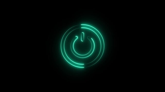 Neon glowing power button icon animation on black background. Cyan neon light power button turning on and off animation. Power switch and button icon animation.