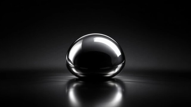 Cinematic single object macro chrome sphere and metal droplet reflective surface with dark gradient background soft glow highlight and silver liquid reflection creating futuristic minimalist calm mood