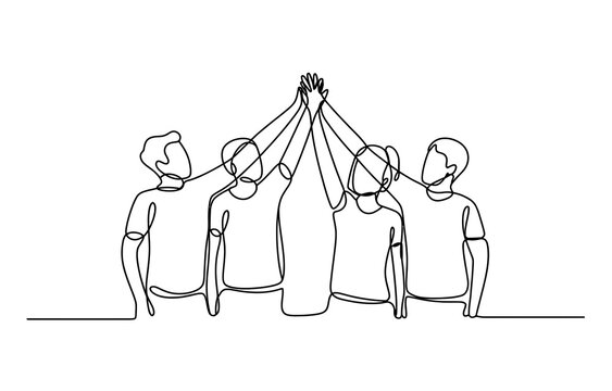 Group of young people doing high five together as a team in one continuous line drawing