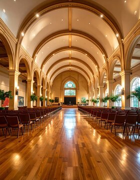 Grand cathedral interior with long nave and stained glass windows.